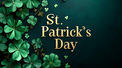 Happy St. Patrick's Day Text Over Green Bokeh Dark Green Background, "St. Patrick's Day" write in GOLDEN BOLD TEXT, gren Plant Dover, isolated dark background, colorfull, illustration, mockup, banner,