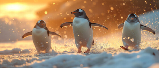 Pinguin-Parade im Eis: Ein eindrucksvolles Bild des Klimawandels - obrazy, fototapety, plakaty