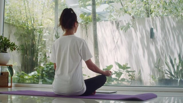 Back view of female yogi practicing lotus pose while sitting on floor in room with big panoramic windows
