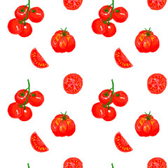 Seamless pattern with red tomatoes. Background with vegetables in a stylist's pencil, hand-drawn. Tomato print for printing on textiles, menus, packaging.