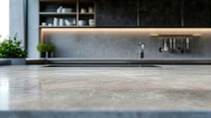 Interior of modern kitchen with grey marble countertop. Blurred background