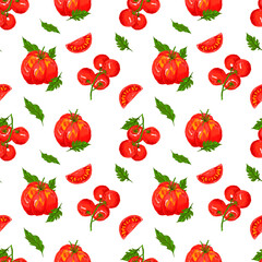 Seamless pattern with red tomatoes. Background with vegetables in a stylist's pencil, hand-drawn. Tomato print for printing on textiles, menus, packaging.