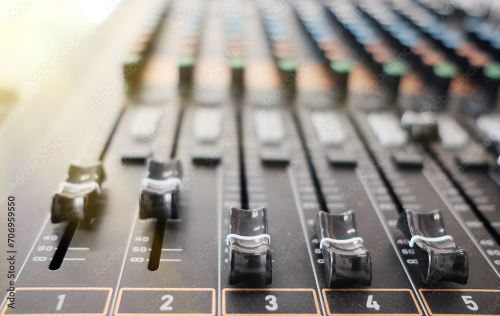 Wall mural mixing console in sound recording studio with shallow depth of field.