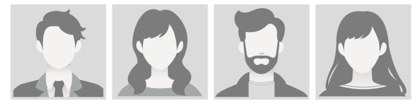 grayscale Avatar, user profile, person icon, silhouette, profile picture for unknown or anonymous individuals. The illustration portrays man and woman portrait for social media profiles, screensavers