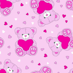 Obraz na płótnie Canvas Cute 14 February holiday gift soft toy bear with heart vector seamless pattern. Saint Valentines Day romantic love background.