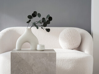 View of modern scandinavian style interior with sofa and trendy vase, Home staging and minimalism concept