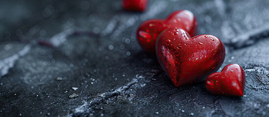 Valentine's day background with red hearts on dark concrete background