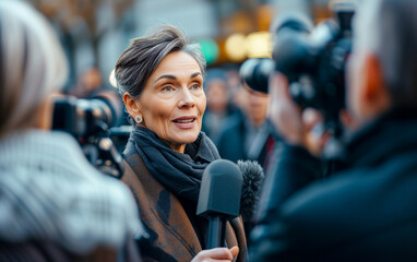 A mature female politician is interviewed by journalists on the street - obrazy, fototapety, plakaty