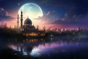 mosque by the lake at night  - obrazy, fototapety, plakaty