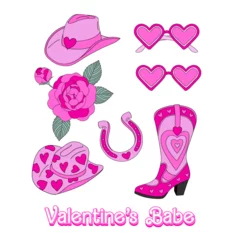 Fotobehang Howdy cowgirl heart shape accessories hat boots shades horseshoe rose vector illustration set isolated on white. Pink aesthetic Saint Valentines Day romantic love print collection. © AngellozOlga