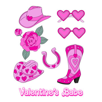Howdy cowgirl heart shape accessories hat boots shades horseshoe rose vector illustration set isolated on white. Pink aesthetic Saint Valentines Day romantic love print collection.