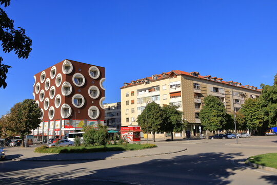 September 13 2023 - Korca, Albania: impressions of the modern part of the city, people live their every day life