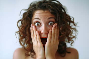 femme les yeux écarquillés les mains sur le visage terriblement étonner par ce qu'elle voit