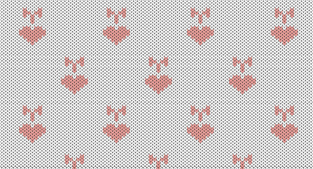 Pink heart and bow knitted pattern, Festive Sweater Design. Seamless Knitted Pattern