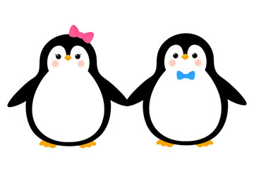 Cute cartoon pair of penguins in love isolated on white background. 