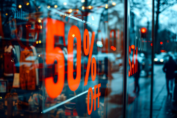 Up to 50% off price reduction promotion sign on window display at clothes clothing store or apparel winter shop 