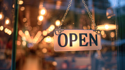 Open sign broad through the glass of door in cafe. Business service and food concept. Vintage tone filter color style. - obrazy, fototapety, plakaty