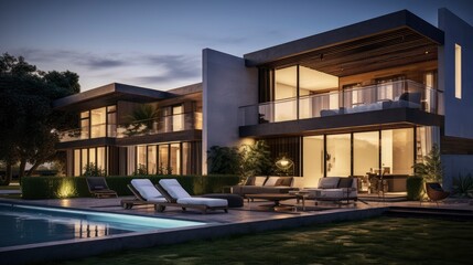 Fototapeta premium Beautiful modern style luxury home at sunset, featuring entrance and elegant design.