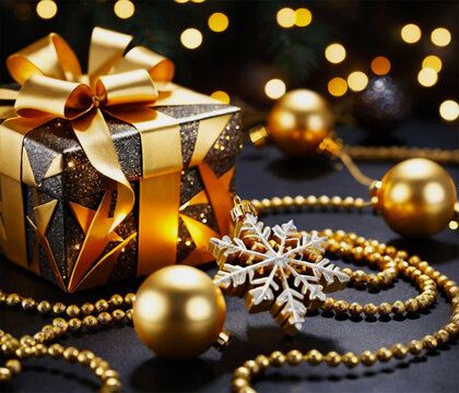 Christmas Luxurious Gift Box Golden Black Christmas Gift Box with Golden Ribbon Christmas Background with Boxes and Balls Christmas Decorations Background Festive Christmas Gift Box Bokeh Background