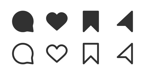 Social Media Interaction Icons Set - Like, Comment, Share, Save Symbols