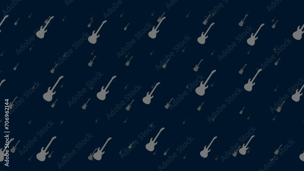 Poster guitar symbols float horizontally from left to right. parallax fly effect. floating symbols are loca