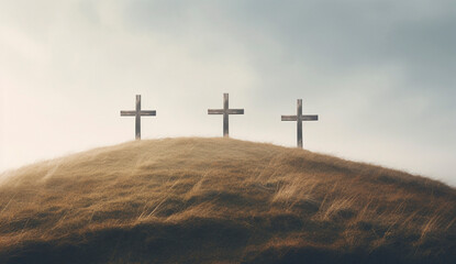 Three Crosses on a Hill at Dawn
