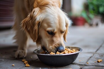 dog eating, golden retriever enjoying a meal, pet care services and veterinary clinics, with place for text in a homey outdoor setting.
