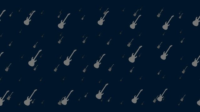 Guitar symbols float horizontally from left to right. Parallax fly effect. Floating symbols are located randomly. Seamless looped 4k animation on dark blue background