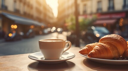 Coffee Cup and Croissants: Morning Delight in Street Cafe - obrazy, fototapety, plakaty
