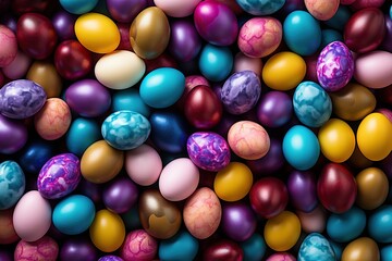 Fototapeta na wymiar Multi-Colored Easter Eggs Background: Festive Top View