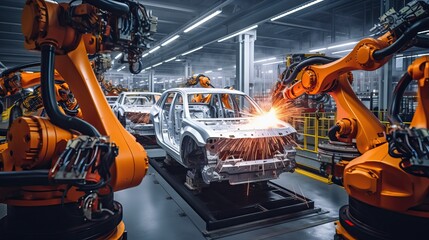 Robots Assembling Car Body: Automation in Manufacturing Plant