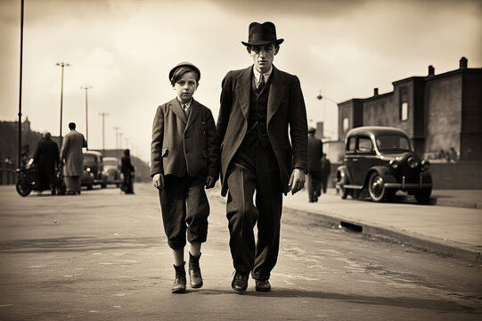 Vintage Father-Son Stroll: 1920s Mood in Sepia Tones