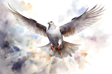 Flying dove open wings beautiful grace bird  watercolor splash illustration