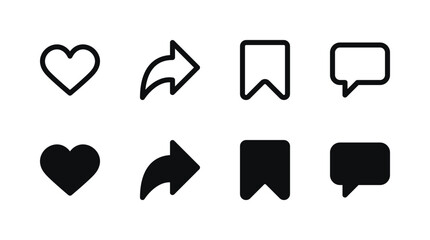 Social Media Interaction Icons Set - Like, Comment, Share, Save Symbols - obrazy, fototapety, plakaty
