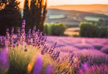 Beautiful lavender field at sunset. Generative AI. 