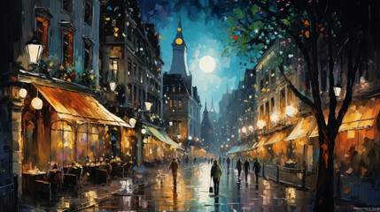 Colorful painting of night street illustration cityscape
