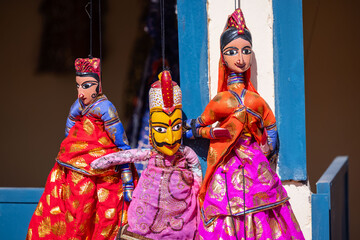Indian colorful Rajasthani handmade Puppets and Crafts products at jodhpur. Selective focus.