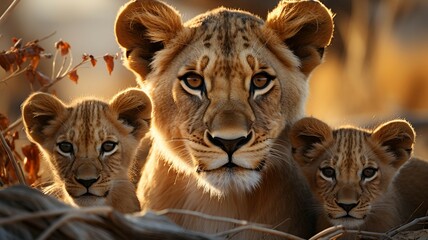Lioness with her two cubs sitting on dry grassland. Generative AI. 