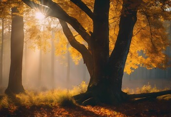 A misty morning in an autumn forest. Generative AI. 