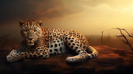The leopard waits on a rock at the golden hour. Generative AI. 