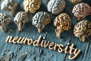 Metallic brain sculptures on blue, spelling out 'neurodiversity