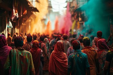 Vibrant Holi celebration with crowds covered in colorful powders and smokes - obrazy, fototapety, plakaty