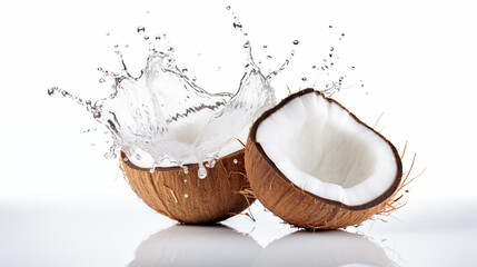 coconut with water splash on white background - obrazy, fototapety, plakaty