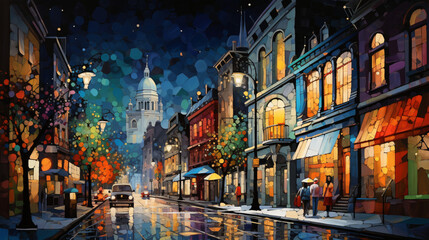 Colorful painting of night street illustration cityscape - obrazy, fototapety, plakaty