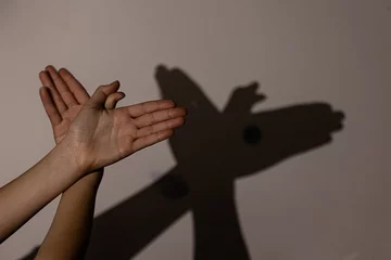 Foto op Plexiglas Child hands making bird on the wall, shadoows, game with shadows on wall © Tomsickova