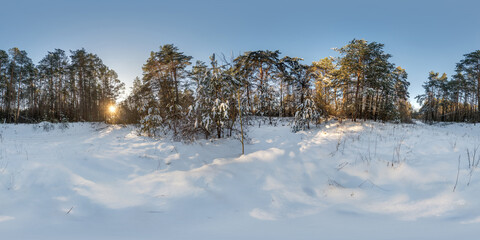 winter full spherical hdri 360 panorama view road in snowy forest with blue sunset evening sky in equirectangular projection. VR AR content