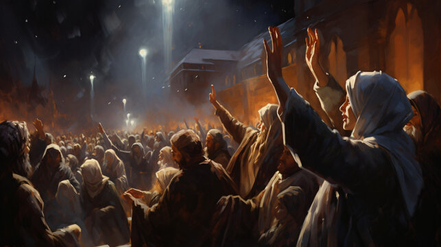 Crowd of people praying at holy nigh illustration