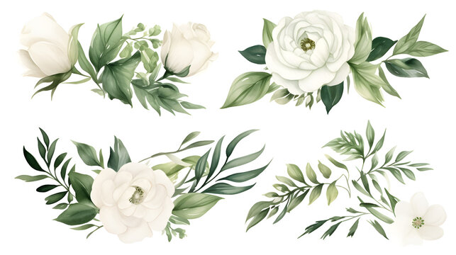 Fototapeta Watercolor drawing, set of white flowers and green eucalyptus leaves