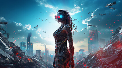 Cyborg woman standing on piles of electronic waste