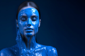 Fashion Concept. Closeup portrait of beautiful woman girl in blue flowing thick fluid gel paint. illuminated with dynamic composition light. sensual, mysterious, advertisement, copy text space	
